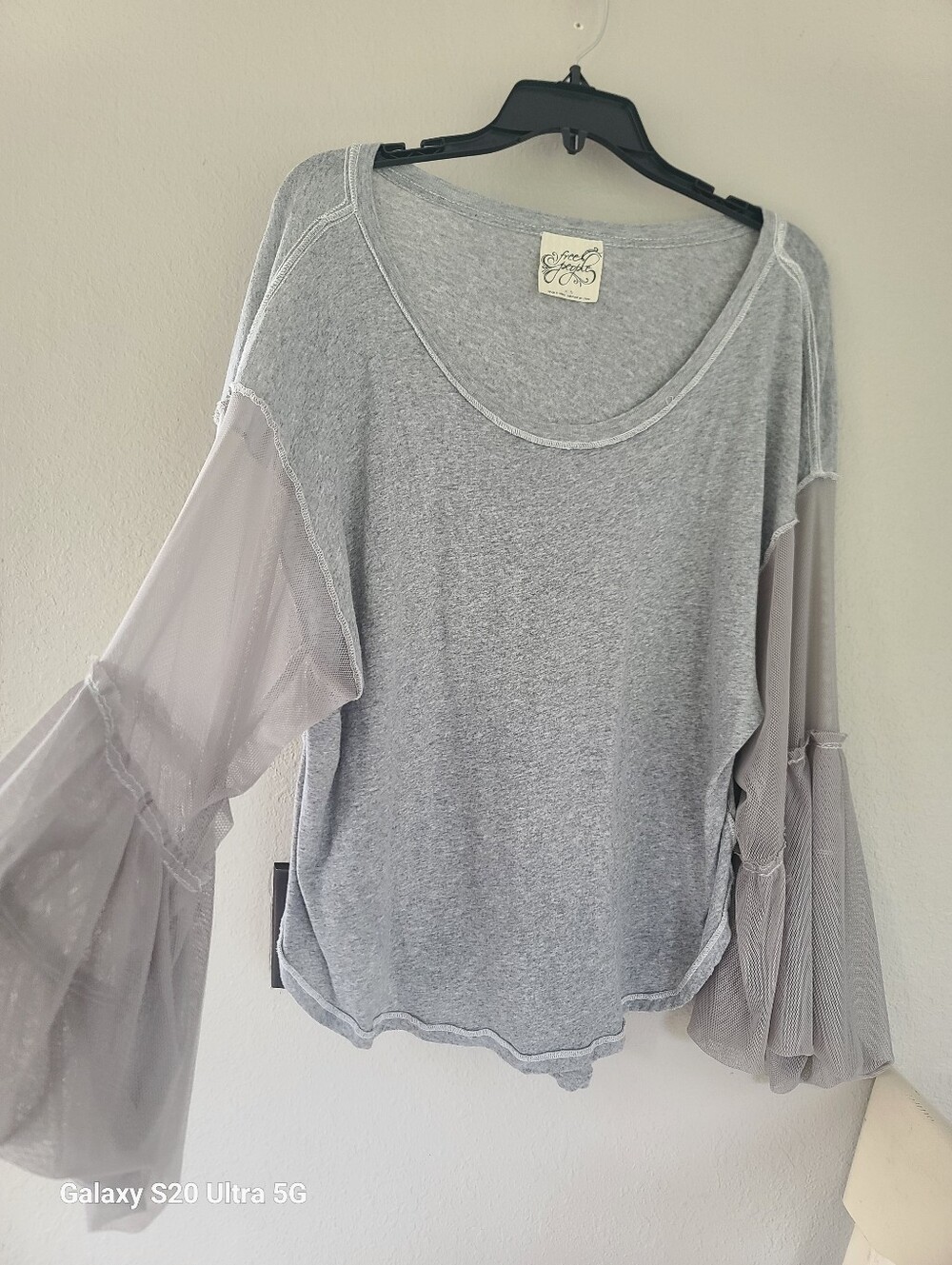 Free People "Still Got It" Light Gray Mesh Sleeve Top